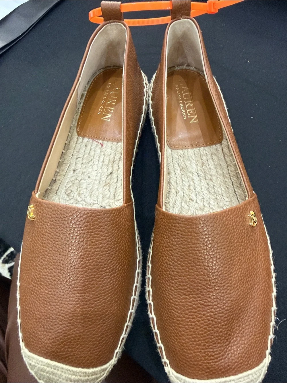 Ralph Lauren Tan Brown Pebbled Leather Espadrille Slip-Ons